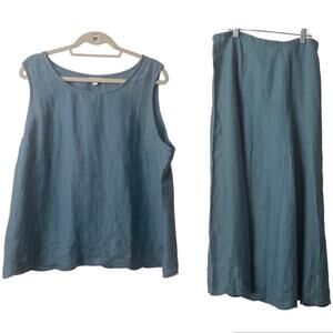 J.Jill 2 Piece Blue Linen Embroidered Skirt Set Size XL ,18